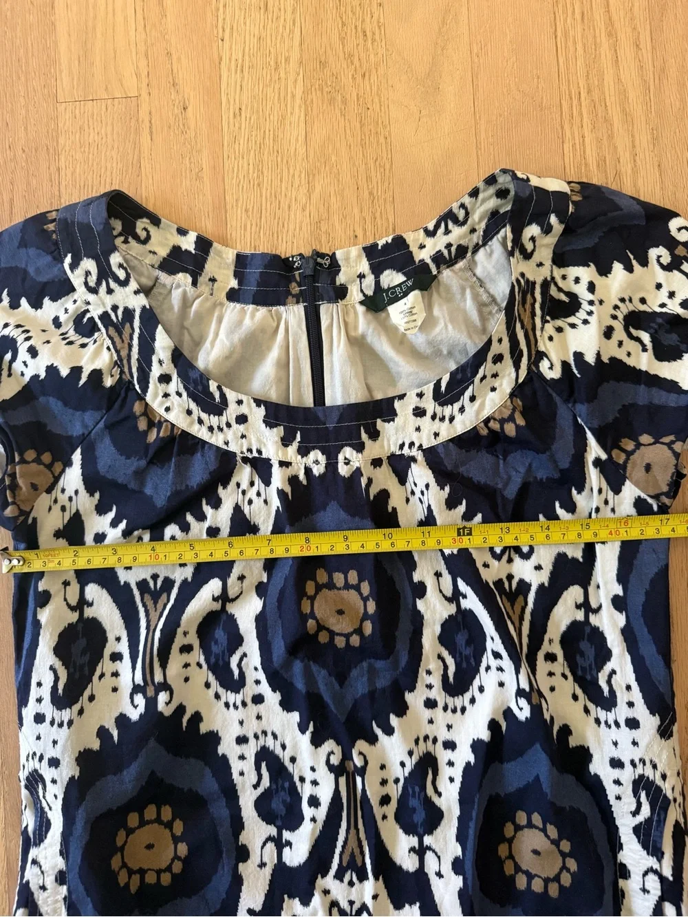 J. Crew Cotton Ikat Medallion Shift Mini Dress Blue Cream with Pockets Sz 4 Boho